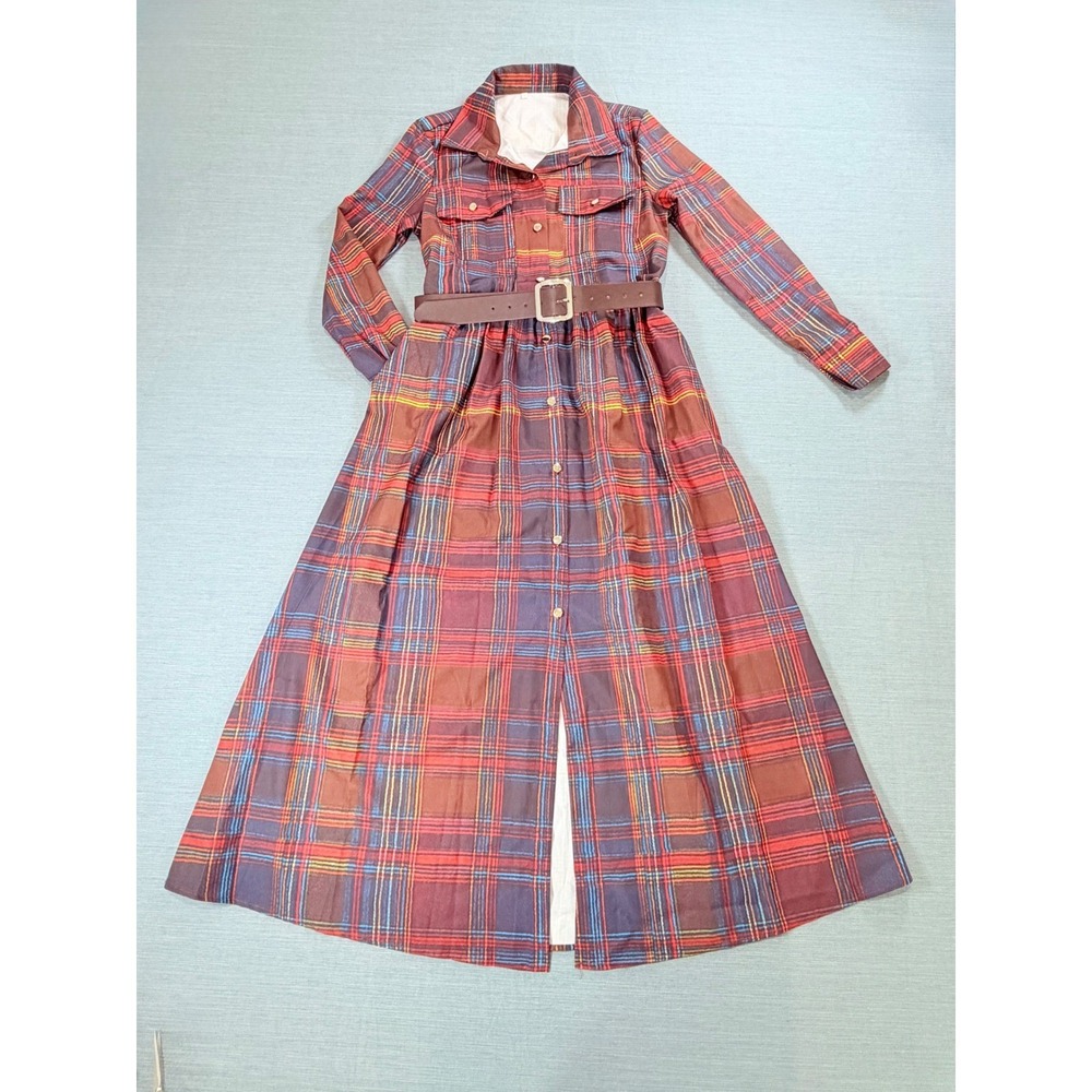 Red‎ Plaid Maxi Shirt Dress Long Sleeve Belted Button Down Pockets Size Small